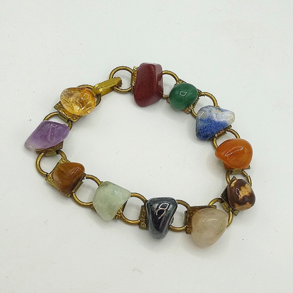 Polished Gemstone Rainbow Chakra Gold tone Link Bracelet 1970s Vintage